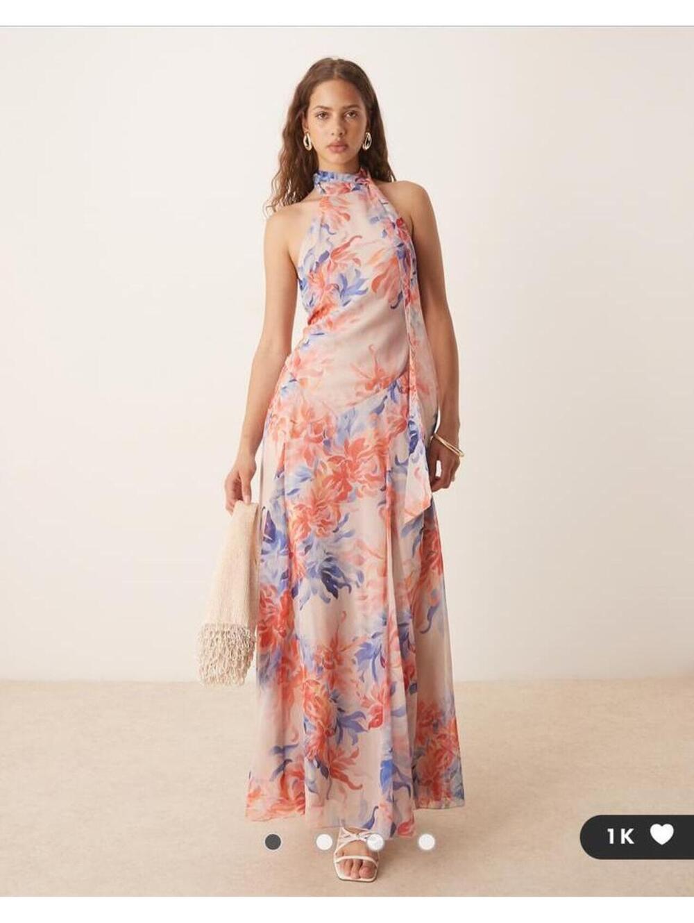 NWT ASOS Design Chiffon Halter Dropped Waist Maxi Dress Pink Blue Floral Size 8